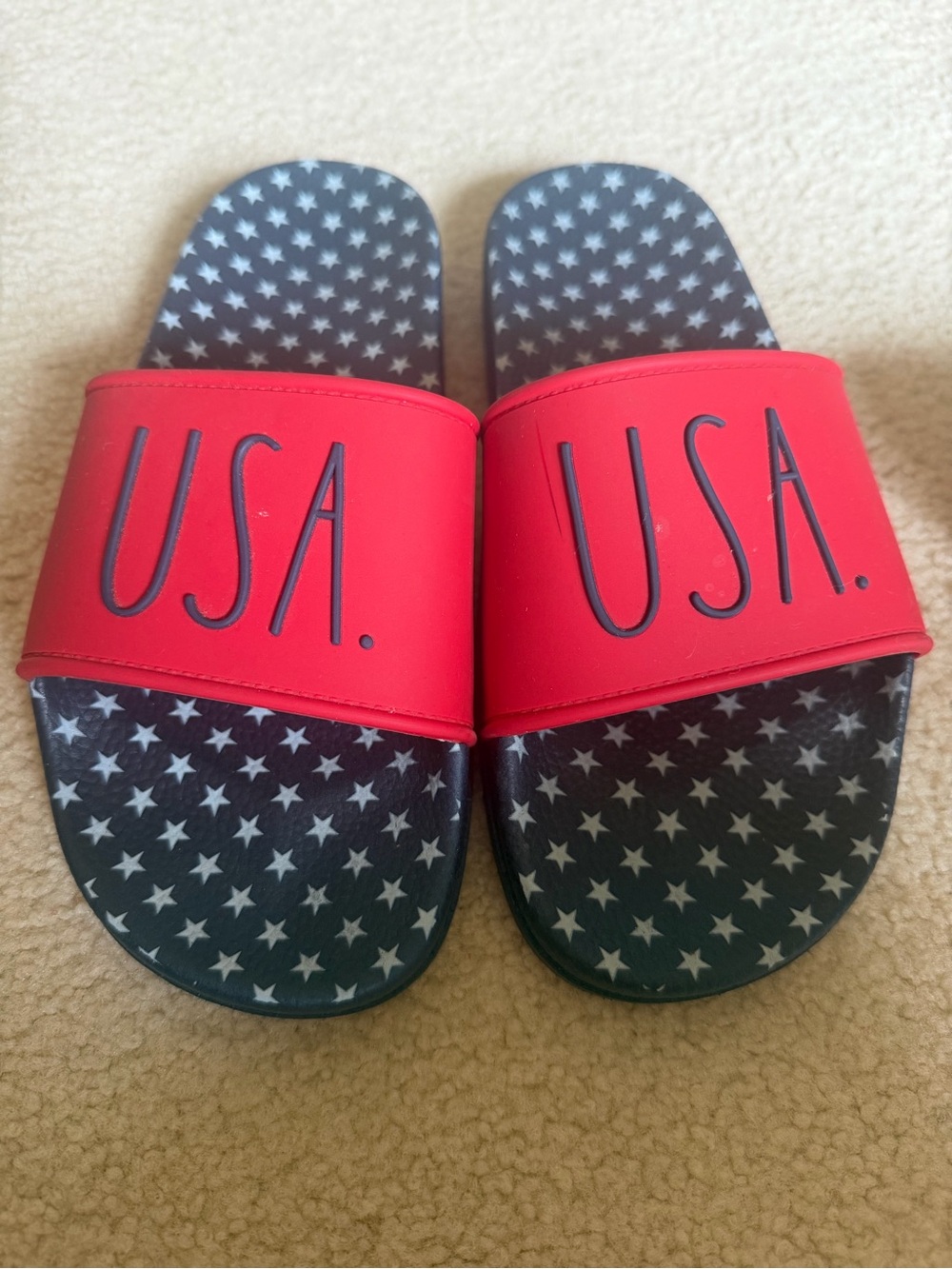 Rae Dunn Red USA Slide Sandals with Star Footbed